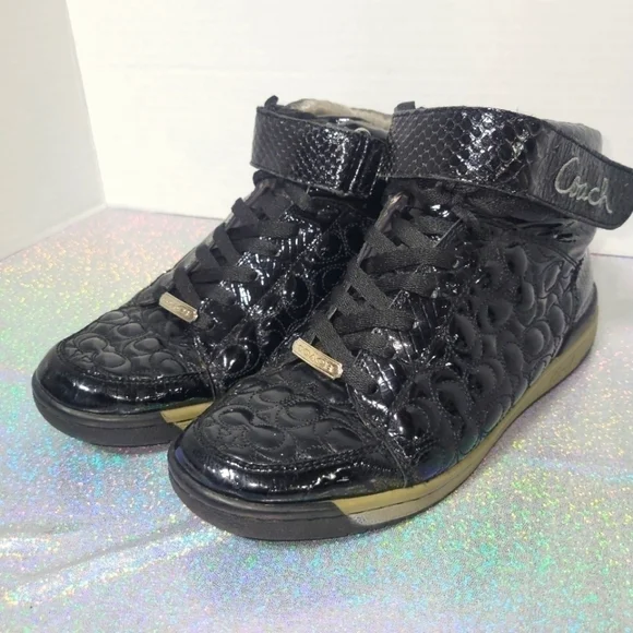 Y2k Coach Nanette High Top Sneakers Cs Monogram Black Patent Leather sz:8 - Picture 1 of 9